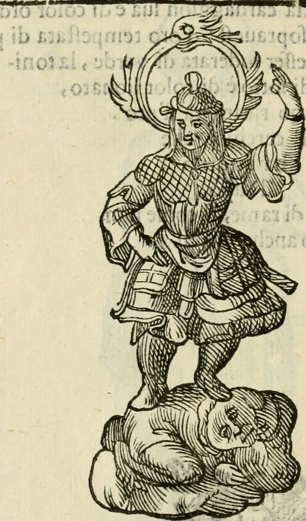 An illustration from Le vere e nove imagini de gli dei delli antichi di Vicenzo Cartari Reggiano. Ridotte da capo a piedi in questa nouissima impressione alle loro reali, & non piu per l'adietro osseruate simiglianze. Cauate da' marmi, bronzi, medaglie, gioie, & altre memorie antiche;, 1615, leaf 653