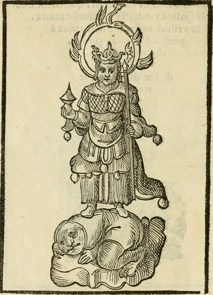 An illustration from Le vere e nove imagini de gli dei delli antichi di Vicenzo Cartari Reggiano. Ridotte da capo a piedi in questa nouissima impressione alle loro reali, & non piu per l'adietro osseruate simiglianze. Cauate da' marmi, bronzi, medaglie, gioie, & altre memorie antiche;, 1615, leaf 667