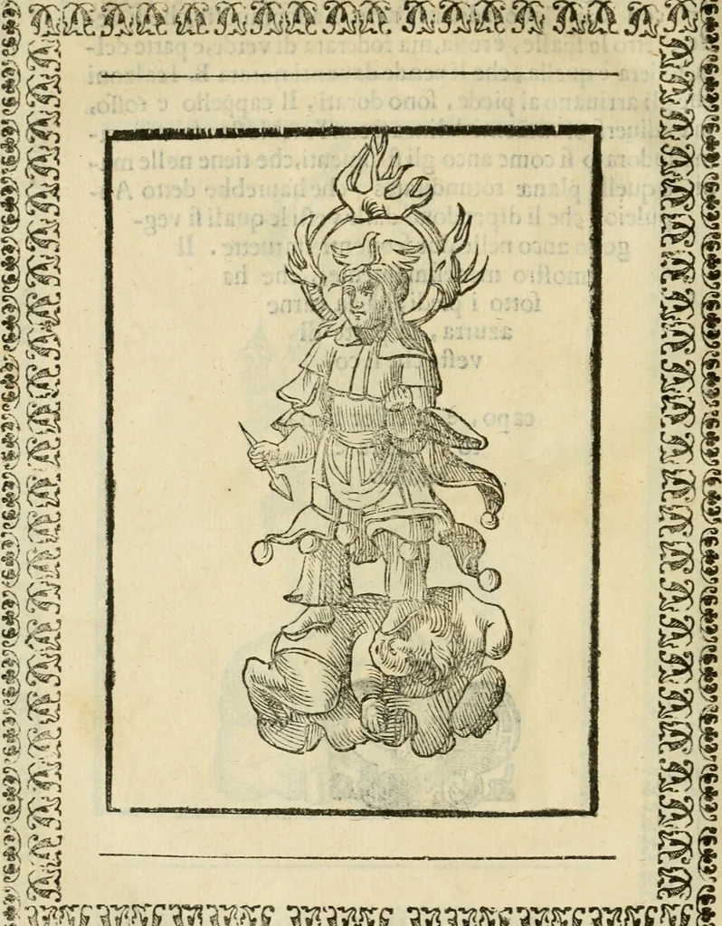 An illustration from Le vere e nove imagini de gli dei delli antichi di Vicenzo Cartari Reggiano. Ridotte da capo a piedi in questa nouissima impressione alle loro reali, & non piu per l'adietro osseruate simiglianze. Cauate da' marmi, bronzi, medaglie, gioie, & altre memorie antiche;, 1615, leaf 669