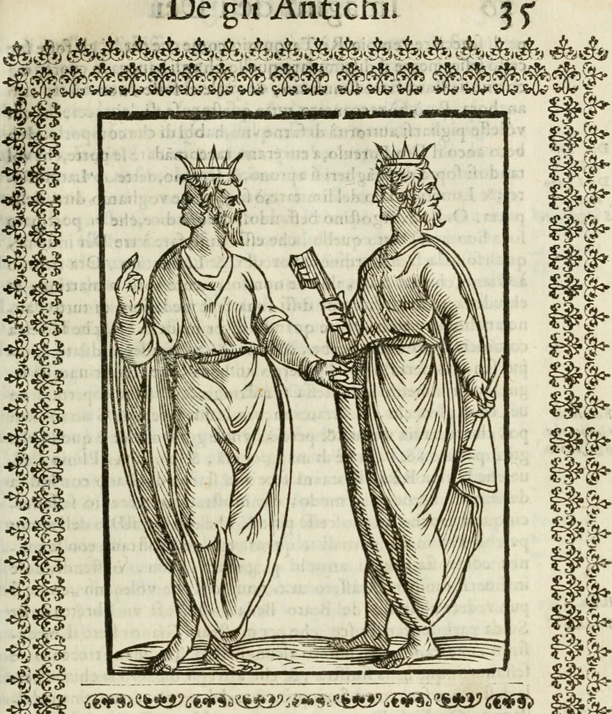 An illustration from Le vere e nove imagini de gli dei delli antichi di Vicenzo Cartari Reggiano. Ridotte da capo a piedi in questa nouissima impressione alle loro reali, & non piu per l'adietro osseruate simiglianze. Cauate da' marmi, bronzi, medaglie, gioie, & altre memorie antiche;, 1615, leaf 70