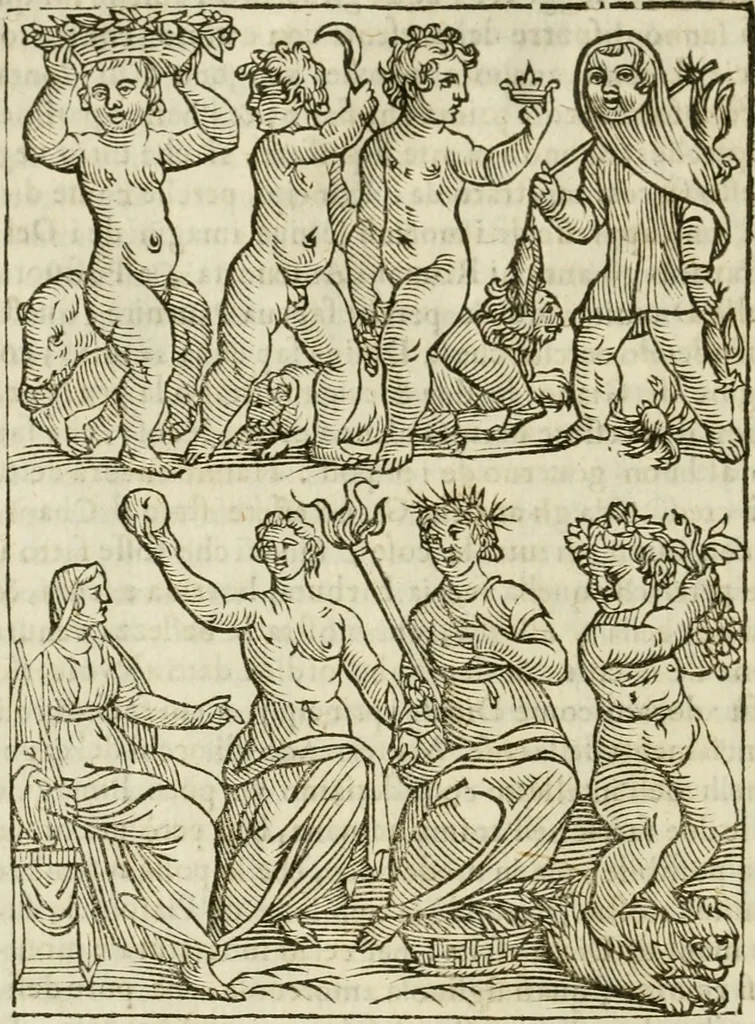 An illustration from Le vere e nove imagini de gli dei delli antichi di Vicenzo Cartari Reggiano. Ridotte da capo a piedi in questa nouissima impressione alle loro reali, & non piu per l'adietro osseruate simiglianze. Cauate da' marmi, bronzi, medaglie, gioie, & altre memorie antiche;, 1615, leaf 73