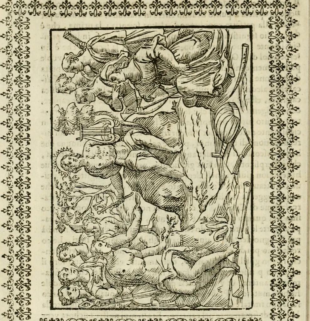 An illustration from Le vere e nove imagini de gli dei delli antichi di Vicenzo Cartari Reggiano. Ridotte da capo a piedi in questa nouissima impressione alle loro reali, & non piu per l'adietro osseruate simiglianze. Cauate da' marmi, bronzi, medaglie, gioie, & altre memorie antiche;, 1615, leaf 85