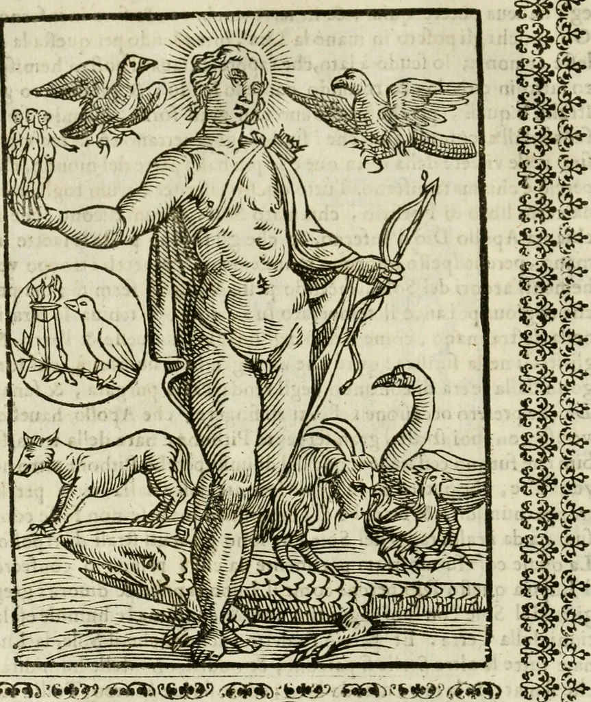 An illustration from Le vere e nove imagini de gli dei delli antichi di Vicenzo Cartari Reggiano. Ridotte da capo a piedi in questa nouissima impressione alle loro reali, & non piu per l'adietro osseruate simiglianze. Cauate da' marmi, bronzi, medaglie, gioie, & altre memorie antiche;, 1615, leaf 87