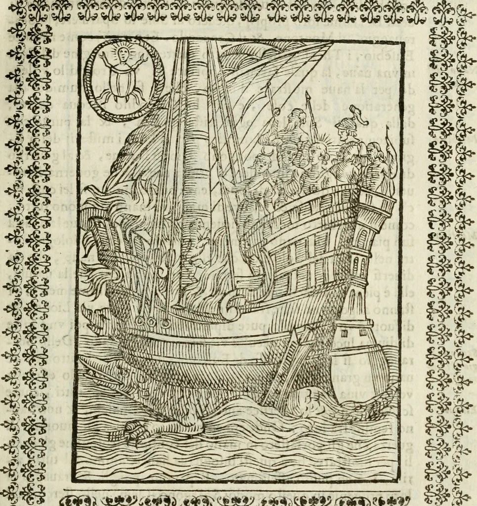 An illustration from Le vere e nove imagini de gli dei delli antichi di Vicenzo Cartari Reggiano. Ridotte da capo a piedi in questa nouissima impressione alle loro reali, & non piu per l'adietro osseruate simiglianze. Cauate da' marmi, bronzi, medaglie, gioie, & altre memorie antiche;, 1615, leaf 90