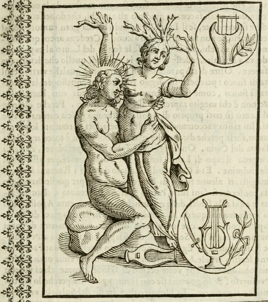 An illustration from Le vere e nove imagini de gli dei delli antichi di Vicenzo Cartari Reggiano. Ridotte da capo a piedi in questa nouissima impressione alle loro reali, & non piu per l'adietro osseruate simiglianze. Cauate da' marmi, bronzi, medaglie, gioie, & altre memorie antiche;, 1615, leaf 92