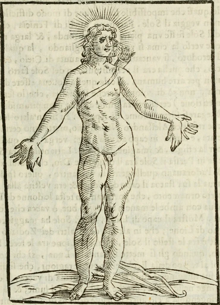 An illustration from Le vere e nove imagini de gli dei delli antichi di Vicenzo Cartari Reggiano. Ridotte da capo a piedi in questa nouissima impressione alle loro reali, & non piu per l'adietro osseruate simiglianze. Cauate da' marmi, bronzi, medaglie, gioie, & altre memorie antiche;, 1615, leaf 94