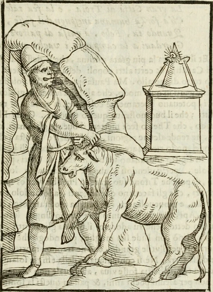 An illustration from Le vere e nove imagini de gli dei delli antichi di Vicenzo Cartari Reggiano. Ridotte da capo a piedi in questa nouissima impressione alle loro reali, & non piu per l'adietro osseruate simiglianze. Cauate da' marmi, bronzi, medaglie, gioie, & altre memorie antiche;, 1615, leaf 96
