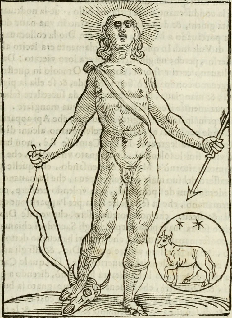 An illustration from Le vere e nove imagini de gli dei delli antichi di Vicenzo Cartari Reggiano. Ridotte da capo a piedi in questa nouissima impressione alle loro reali, & non piu per l'adietro osseruate simiglianze. Cauate da' marmi, bronzi, medaglie, gioie, & altre memorie antiche;, 1615, leaf 98