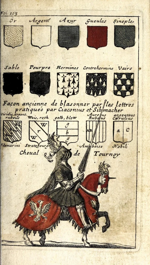 An illustration from Le veritable art du blason : ou les regles des armoiries sont traitées d'vne nouuelle methode, plus aisée que les precedentes : les origines expliquees .., 1659, leaf 153