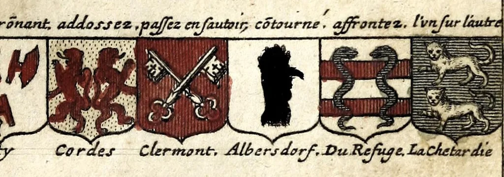An illustration from Le veritable art du blason : ou les regles des armoiries sont traitées d'vne nouuelle methode, plus aisée que les precedentes : les origines expliquees .., 1659, leaf 181