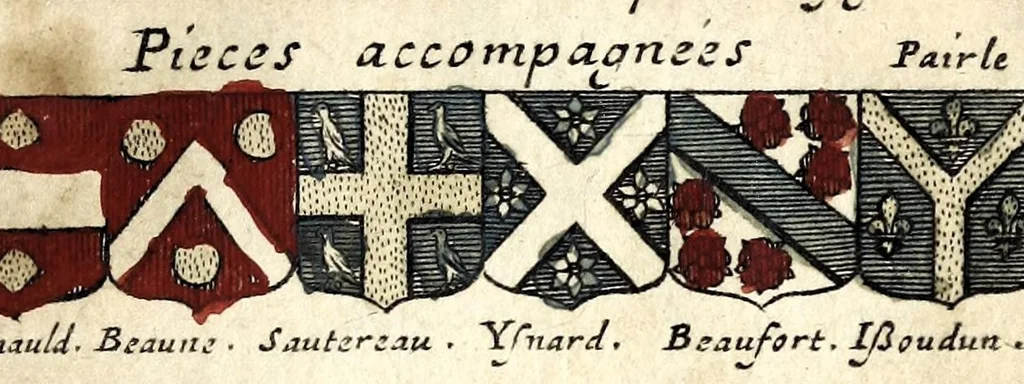 An illustration from Le veritable art du blason : ou les regles des armoiries sont traitées d'vne nouuelle methode, plus aisée que les precedentes : les origines expliquees .., 1659, leaf 201
