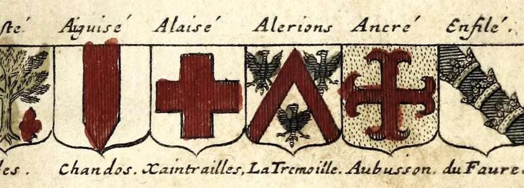 An illustration from Le veritable art du blason : ou les regles des armoiries sont traitées d'vne nouuelle methode, plus aisée que les precedentes : les origines expliquees .., 1659, leaf 201