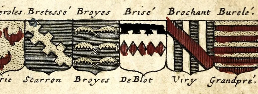An illustration from Le veritable art du blason : ou les regles des armoiries sont traitées d'vne nouuelle methode, plus aisée que les precedentes : les origines expliquees .., 1659, leaf 201