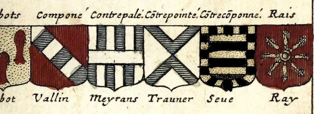 An illustration from Le veritable art du blason : ou les regles des armoiries sont traitées d'vne nouuelle methode, plus aisée que les precedentes : les origines expliquees .., 1659, leaf 203