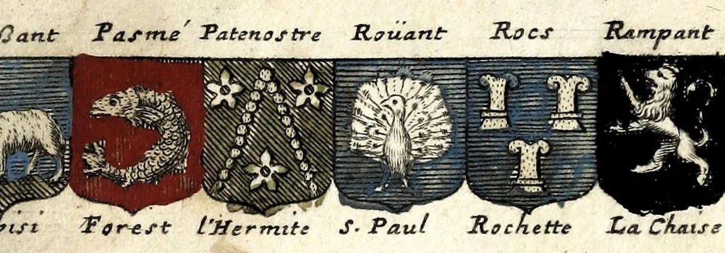 An illustration from Le veritable art du blason : ou les regles des armoiries sont traitées d'vne nouuelle methode, plus aisée que les precedentes : les origines expliquees .., 1659, leaf 207