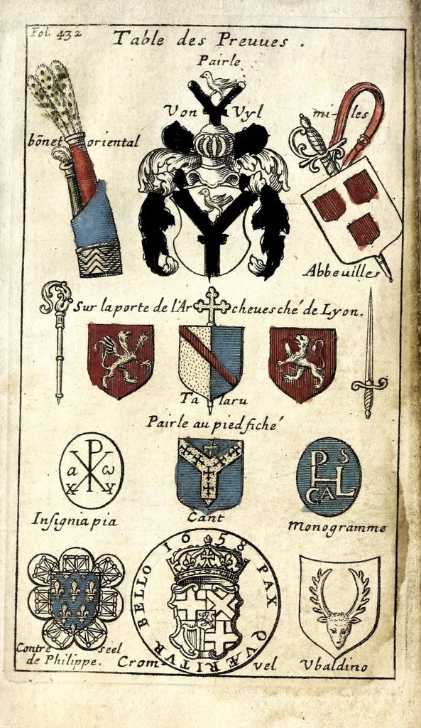 An illustration from Le veritable art du blason : ou les regles des armoiries sont traitées d'vne nouuelle methode, plus aisée que les precedentes : les origines expliquees .., 1659, leaf 417