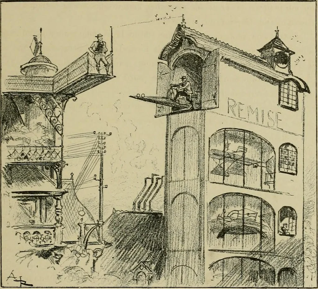 An illustration from Le vingtième siècle: la vie électrique, 1893, leaf 46