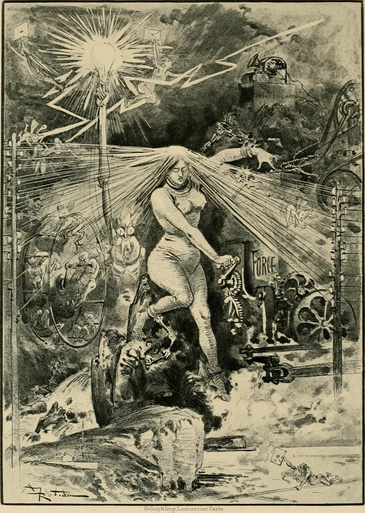 An illustration from Le vingtième siècle: la vie électrique, 1893, leaf 9