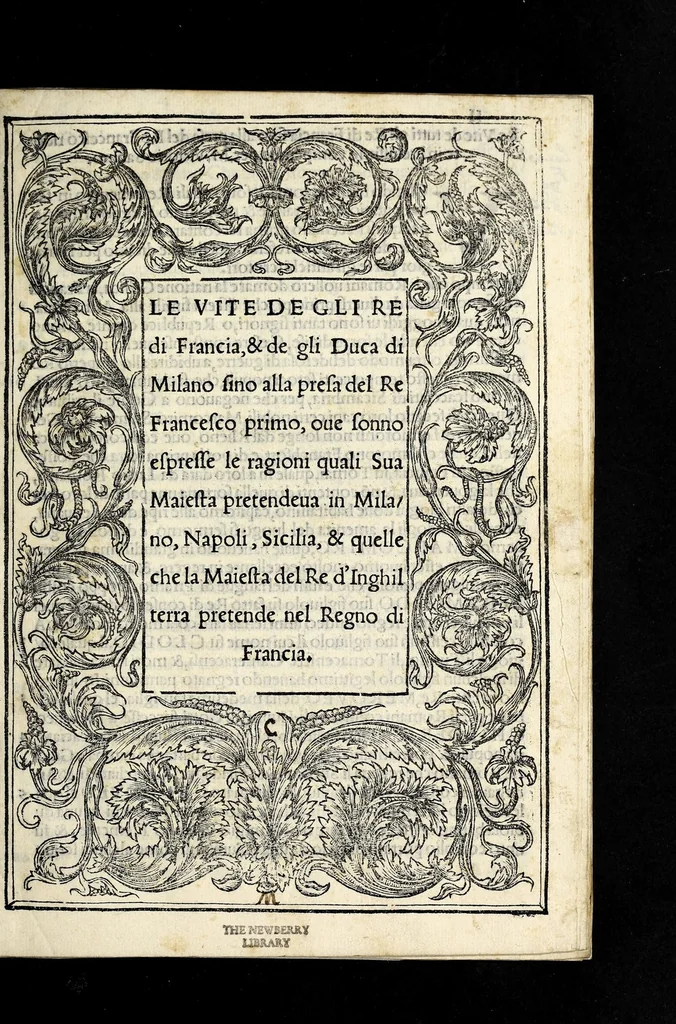 An illustration from Le vite de gli re di Francia : & de gli duca di Milano & de le loro guerre sino alla presa del Re Francesco primo ... /, 1525, leaf 5
