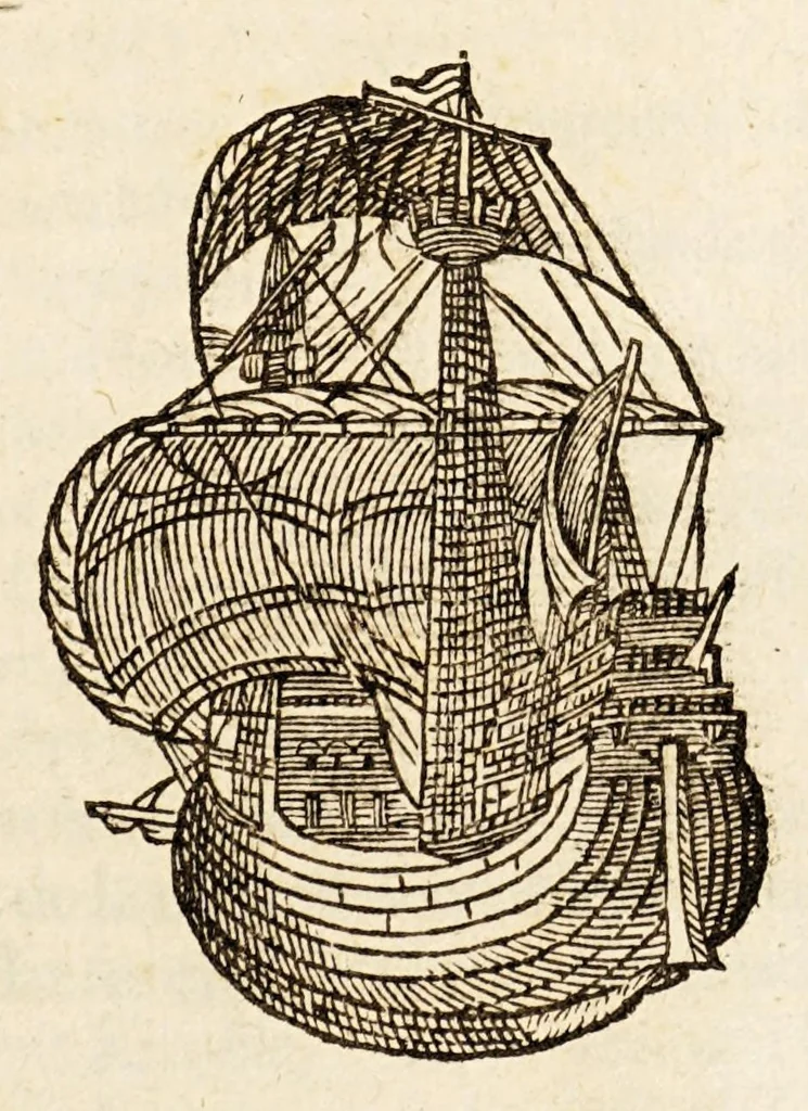 An illustration from Le voyage de Messire François Drake chevalier, aux Indes Occidentales l'an MDLXXXV. : auquel les villes de S. Iago, S. Domingo, S. Augustino & Cartagene ont esté prises ., 1588, leaf 5