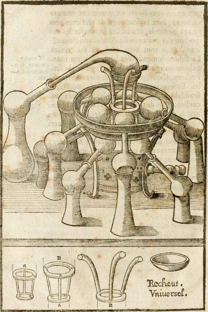 An illustration from Le vray et methodique cours de la physique resolutiue, vulgairement dite chymie : representé par figures generales & particulieres : pour connoistre la theotechnie ergocosmique, c'est à dire, l'art de Dieu, en l'ouurage de l'vniuers, 1653, leaf 147