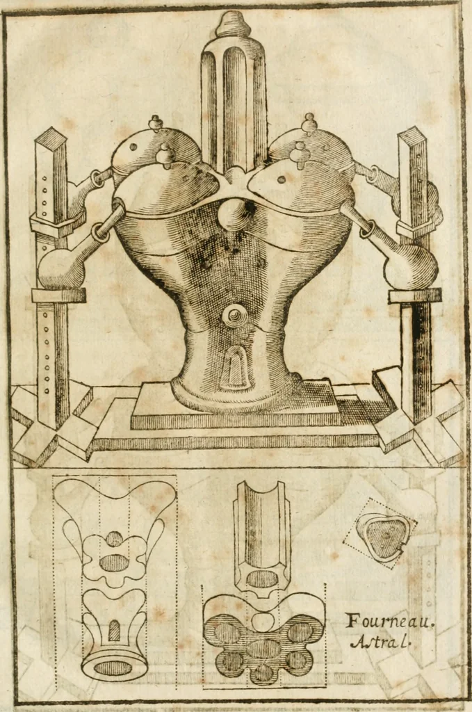 An illustration from Le vray et methodique cours de la physique resolutiue, vulgairement dite chymie : representé par figures generales & particulieres : pour connoistre la theotechnie ergocosmique, c'est à dire, l'art de Dieu, en l'ouurage de l'vniuers, 1653, leaf 148