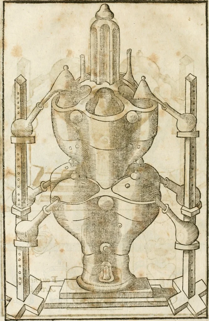 An illustration from Le vray et methodique cours de la physique resolutiue, vulgairement dite chymie : representé par figures generales & particulieres : pour connoistre la theotechnie ergocosmique, c'est à dire, l'art de Dieu, en l'ouurage de l'vniuers, 1653, leaf 149