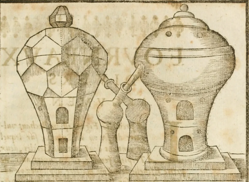 An illustration from Le vray et methodique cours de la physique resolutiue, vulgairement dite chymie : representé par figures generales & particulieres : pour connoistre la theotechnie ergocosmique, c'est à dire, l'art de Dieu, en l'ouurage de l'vniuers, 1653, leaf 150
