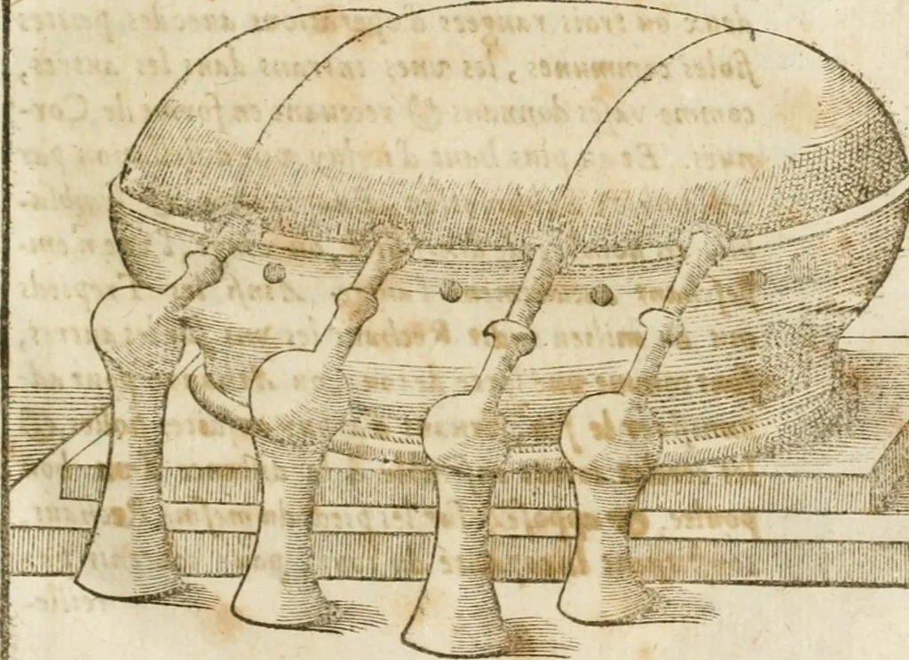 An illustration from Le vray et methodique cours de la physique resolutiue, vulgairement dite chymie : representé par figures generales & particulieres : pour connoistre la theotechnie ergocosmique, c'est à dire, l'art de Dieu, en l'ouurage de l'vniuers, 1653, leaf 150