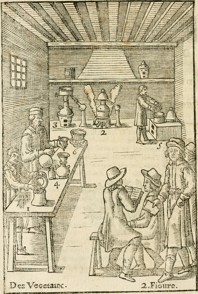 An illustration from Le vray et methodique cours de la physique resolutiue, vulgairement dite chymie : representé par figures generales & particulieres : pour connoistre la theotechnie ergocosmique, c'est à dire, l'art de Dieu, en l'ouurage de l'vniuers, 1653, leaf 353