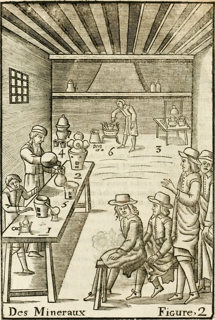 An illustration from Le vray et methodique cours de la physique resolutiue, vulgairement dite chymie : representé par figures generales & particulieres : pour connoistre la theotechnie ergocosmique, c'est à dire, l'art de Dieu, en l'ouurage de l'vniuers, 1653, leaf 477