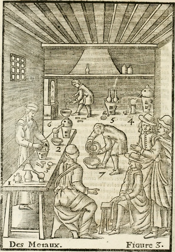 An illustration from Le vray et methodique cours de la physique resolutiue, vulgairement dite chymie : representé par figures generales & particulieres : pour connoistre la theotechnie ergocosmique, c'est à dire, l'art de Dieu, en l'ouurage de l'vniuers, 1653, leaf 585