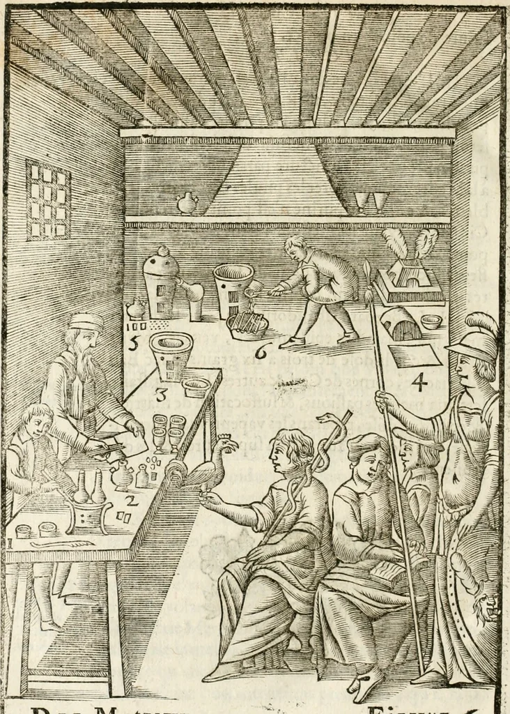 An illustration from Le vray et methodique cours de la physique resolutiue, vulgairement dite chymie : representé par figures generales & particulieres : pour connoistre la theotechnie ergocosmique, c'est à dire, l'art de Dieu, en l'ouurage de l'vniuers, 1653, leaf 621