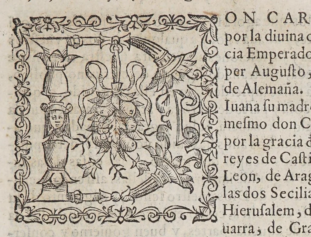 An illustration from Leyes y ordenanzas nuevamente hechas por Su Magestad, para la gouernacion de las Indias, y buen tratamiento, y conseruacion de los Indios: : que se han guardar en el consejo y audiencias reales que en ellas residen: y por todos los otros gouernadores, juezes y personas particulares dellas., 1585, leaf 11