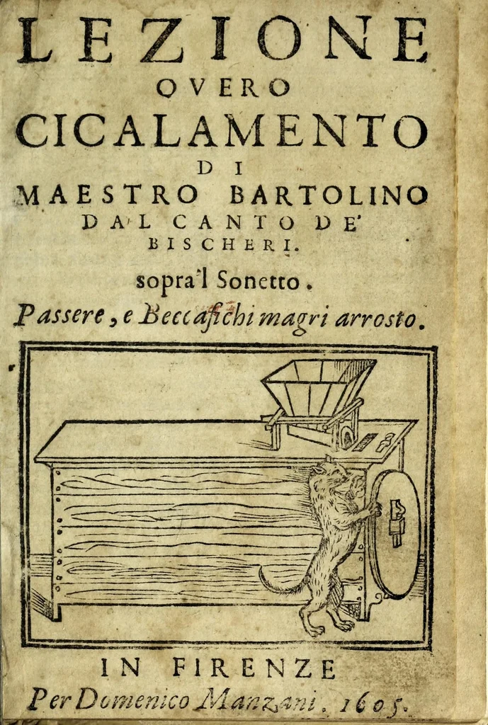 An illustration from Lezione, overo, Cicalamento di maestro Bartolino dal Canto de' Bischeri sopra'l sonetto Passere, e beccafichi magri arrosto, 1605, leaf 5