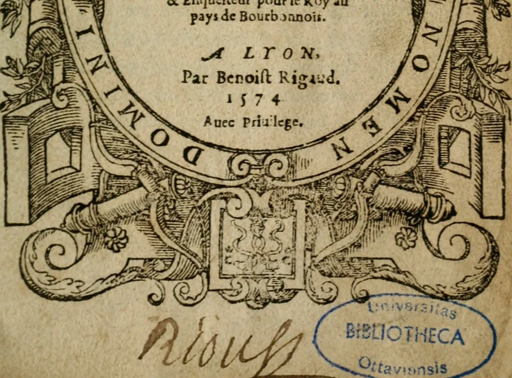 An illustration from L'Harmonie et conférence des magistrats romains avec les officier français, tant laiz que ecclésiastiques.., 1574, leaf 2