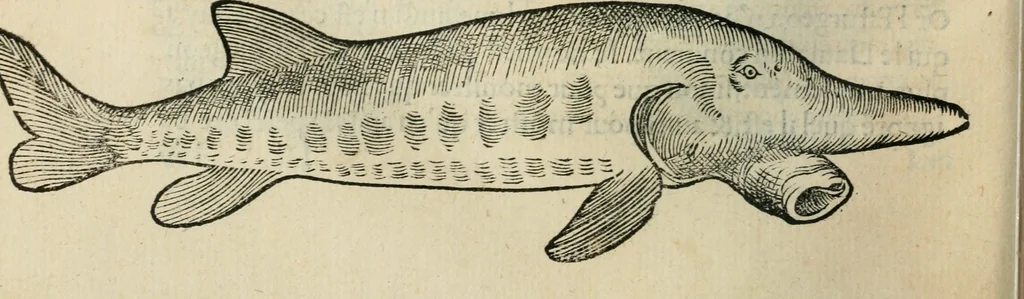 An illustration from L'histoire naturelle des estranges poissons marins, avec la vraie peincture & description du daulphin, & de plusieurs autres de son espece, 1551, leaf 31