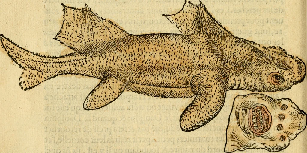 An illustration from L'histoire naturelle des estranges poissons marins, avec la vraie peincture & description du daulphin, & de plusieurs autres de son espece, 1551, leaf 97