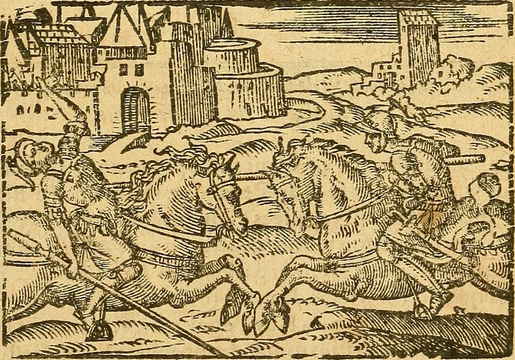 An illustration from L'Hystoire des devx nobles et tres vaillans chevaliers nommez Milles et Amys, : Lesquels en leur viuant furent plains de grandes proësses. Contenant plusieurs et diuerses matieres, comme vous pourrez veoir cy apres, 1611, leaf 10