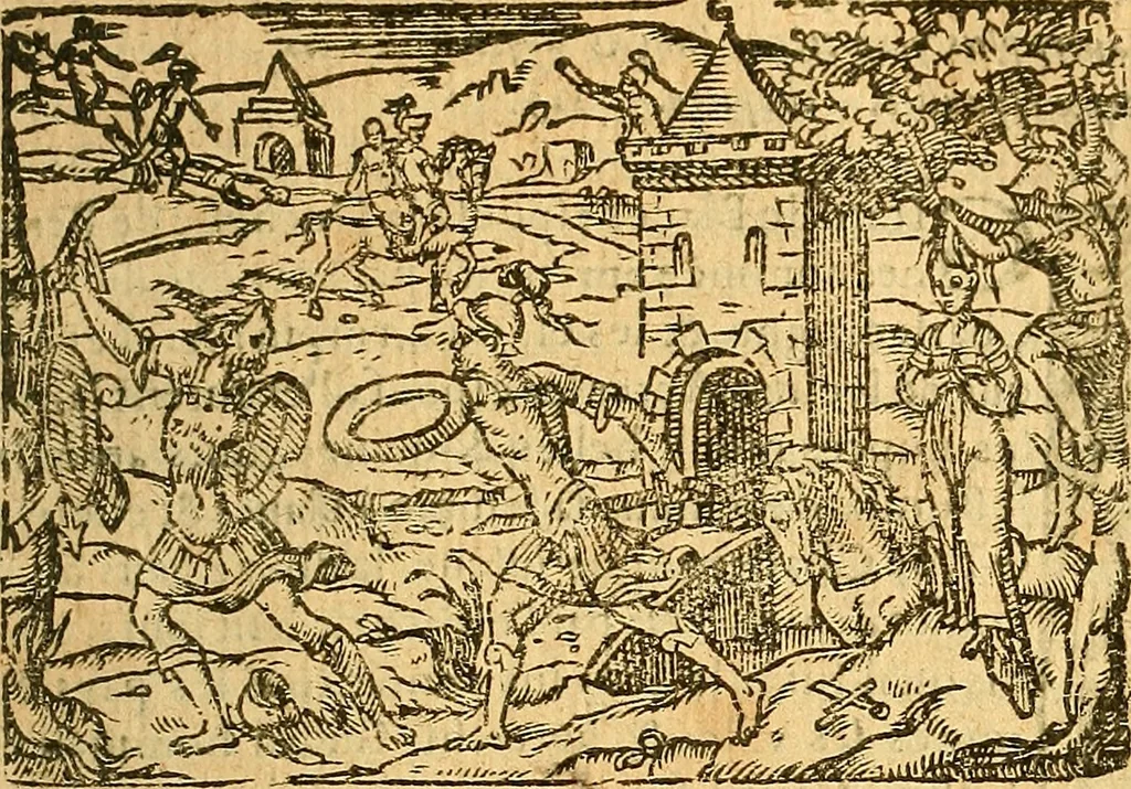 An illustration from L'Hystoire des devx nobles et tres vaillans chevaliers nommez Milles et Amys, : Lesquels en leur viuant furent plains de grandes proësses. Contenant plusieurs et diuerses matieres, comme vous pourrez veoir cy apres, 1611, leaf 208