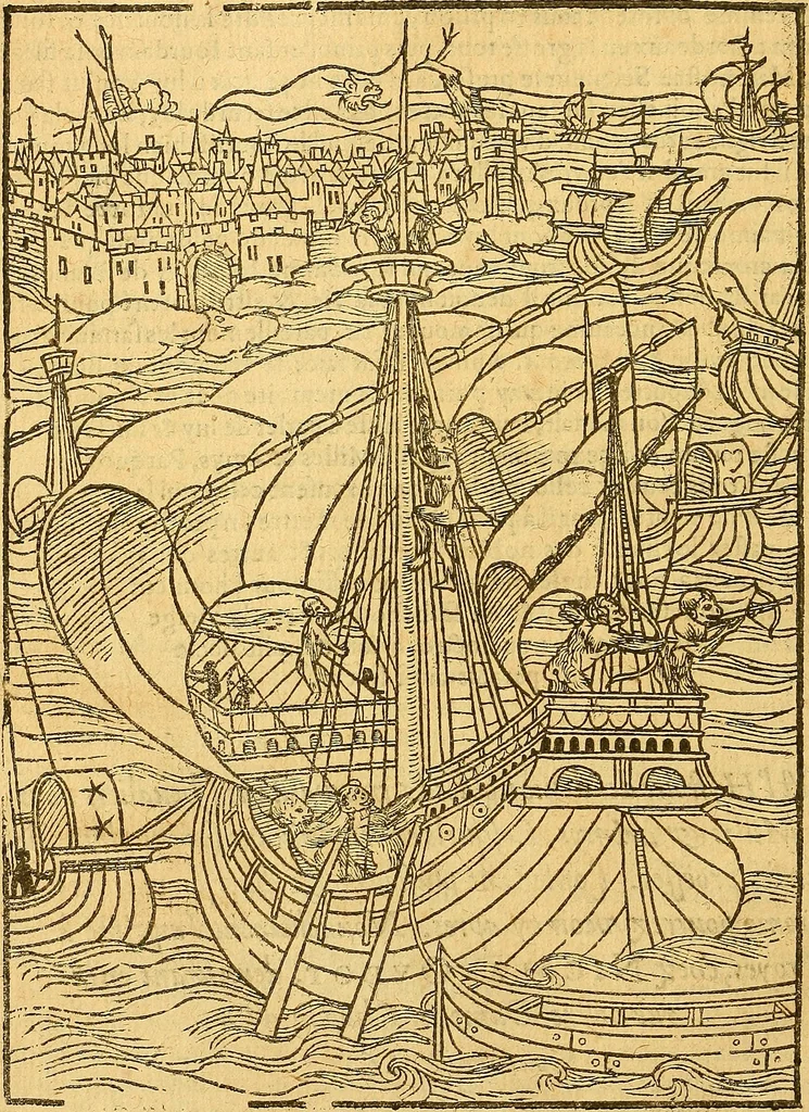 An illustration from L'Hystoire des devx nobles et tres vaillans chevaliers nommez Milles et Amys, : Lesquels en leur viuant furent plains de grandes proësses. Contenant plusieurs et diuerses matieres, comme vous pourrez veoir cy apres, 1611, leaf 213