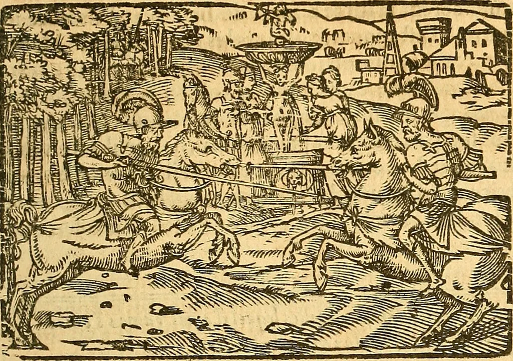 An illustration from L'Hystoire des devx nobles et tres vaillans chevaliers nommez Milles et Amys, : Lesquels en leur viuant furent plains de grandes proësses. Contenant plusieurs et diuerses matieres, comme vous pourrez veoir cy apres, 1611, leaf 76