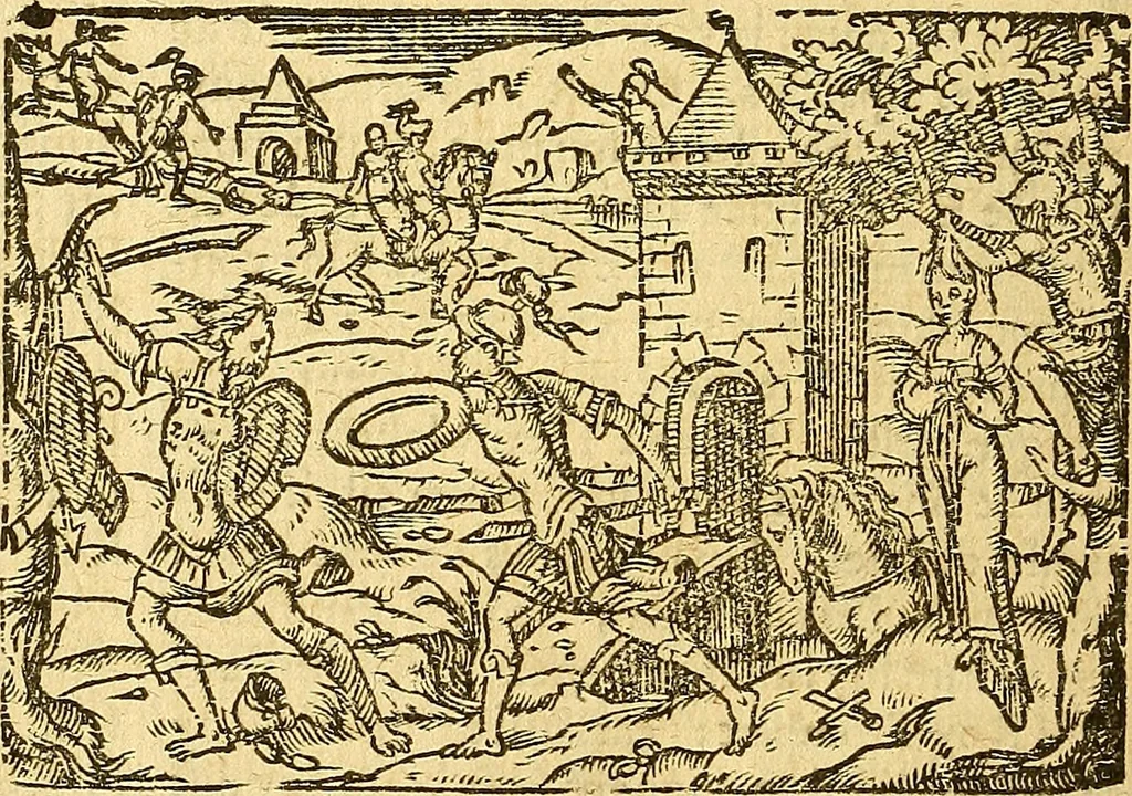 An illustration from L'Hystoire des devx prevx tres nobles et tres-vaillans chevaliers Valentin et Orson : fils de l'Empereur de Grece, & nepueux du tres-vaillant & tres-Chrestien Roy de France, Pepin. Contenant plusieurs & diuerses matieres, comme vous pourrez veoir cy apres, 1614, leaf 101