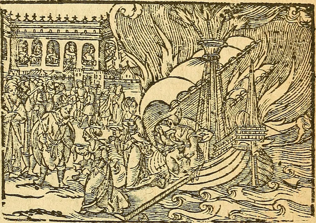An illustration from L'Hystoire des devx prevx tres nobles et tres-vaillans chevaliers Valentin et Orson : fils de l'Empereur de Grece, & nepueux du tres-vaillant & tres-Chrestien Roy de France, Pepin. Contenant plusieurs & diuerses matieres, comme vous pourrez veoir cy apres, 1614, leaf 104