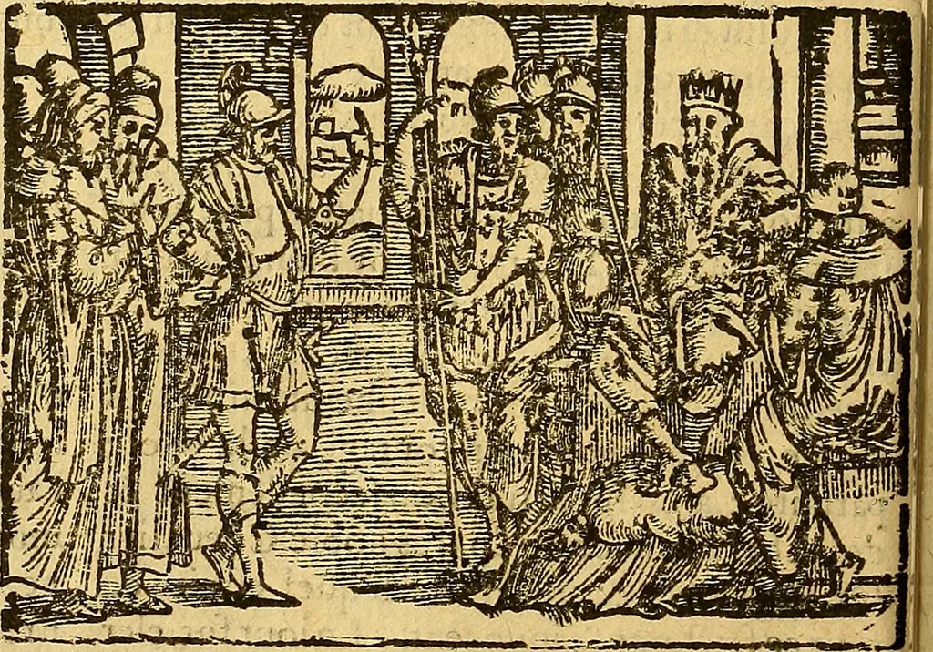 An illustration from L'Hystoire des devx prevx tres nobles et tres-vaillans chevaliers Valentin et Orson : fils de l'Empereur de Grece, & nepueux du tres-vaillant & tres-Chrestien Roy de France, Pepin. Contenant plusieurs & diuerses matieres, comme vous pourrez veoir cy apres, 1614, leaf 113