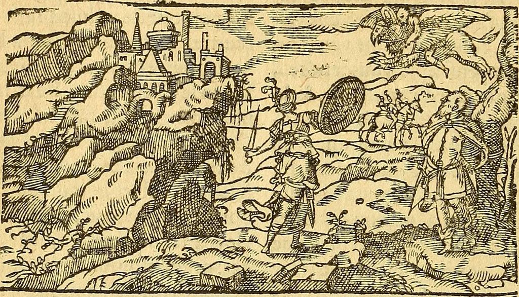 An illustration from L'Hystoire des devx prevx tres nobles et tres-vaillans chevaliers Valentin et Orson : fils de l'Empereur de Grece, & nepueux du tres-vaillant & tres-Chrestien Roy de France, Pepin. Contenant plusieurs & diuerses matieres, comme vous pourrez veoir cy apres, 1614, leaf 117