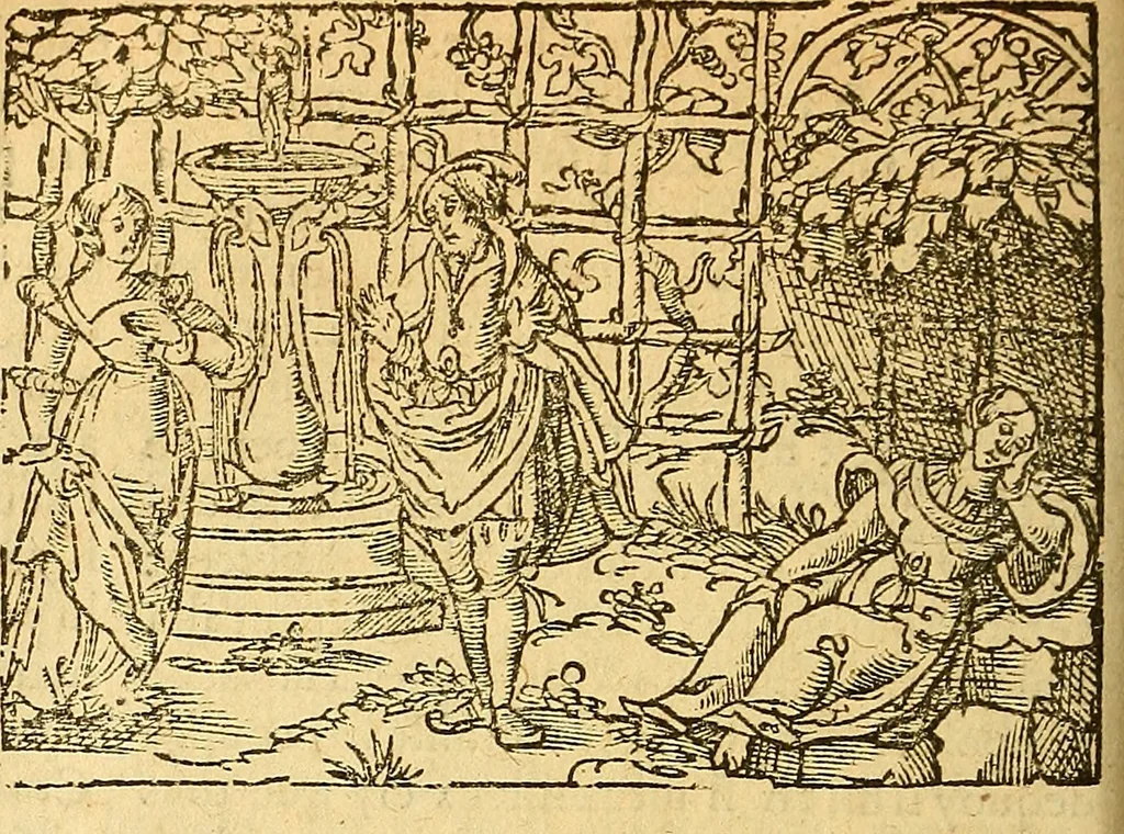 An illustration from L'Hystoire des devx prevx tres nobles et tres-vaillans chevaliers Valentin et Orson : fils de l'Empereur de Grece, & nepueux du tres-vaillant & tres-Chrestien Roy de France, Pepin. Contenant plusieurs & diuerses matieres, comme vous pourrez veoir cy apres, 1614, leaf 121