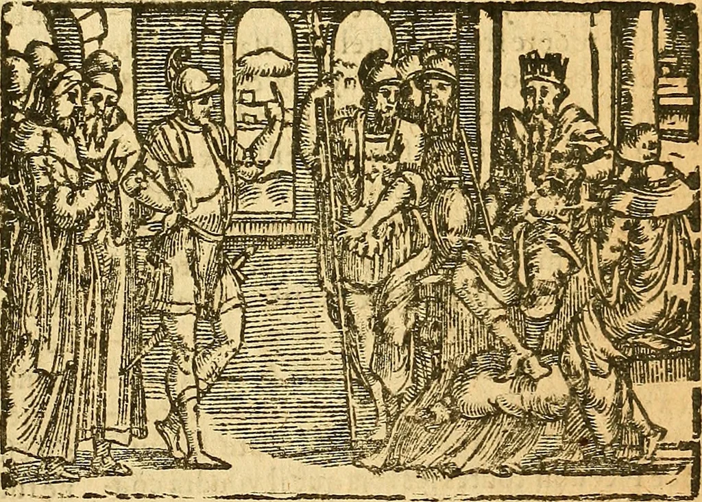 An illustration from L'Hystoire des devx prevx tres nobles et tres-vaillans chevaliers Valentin et Orson : fils de l'Empereur de Grece, & nepueux du tres-vaillant & tres-Chrestien Roy de France, Pepin. Contenant plusieurs & diuerses matieres, comme vous pourrez veoir cy apres, 1614, leaf 130