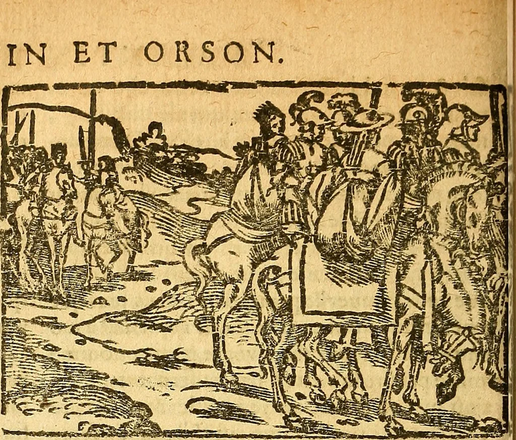 An illustration from L'Hystoire des devx prevx tres nobles et tres-vaillans chevaliers Valentin et Orson : fils de l'Empereur de Grece, & nepueux du tres-vaillant & tres-Chrestien Roy de France, Pepin. Contenant plusieurs & diuerses matieres, comme vous pourrez veoir cy apres, 1614, leaf 135