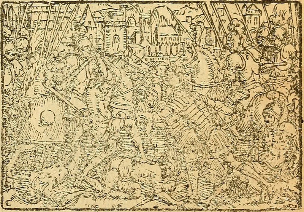 An illustration from L'Hystoire des devx prevx tres nobles et tres-vaillans chevaliers Valentin et Orson : fils de l'Empereur de Grece, & nepueux du tres-vaillant & tres-Chrestien Roy de France, Pepin. Contenant plusieurs & diuerses matieres, comme vous pourrez veoir cy apres, 1614, leaf 138